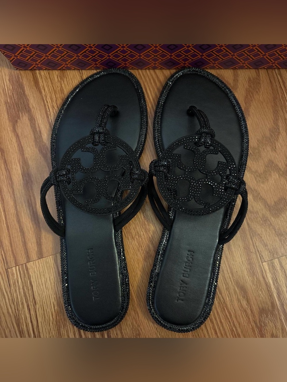 Tory Burch Black Beaded Logo Miller Sandals